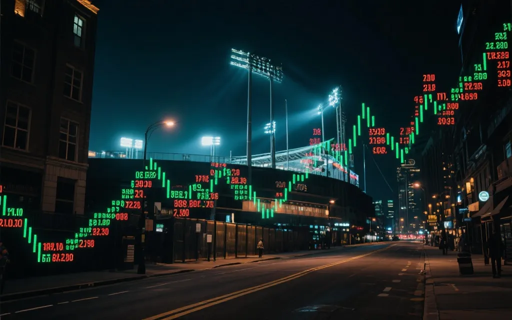 比赛前夕的城市夜景与滚动数据线条，象征临场赔率变化